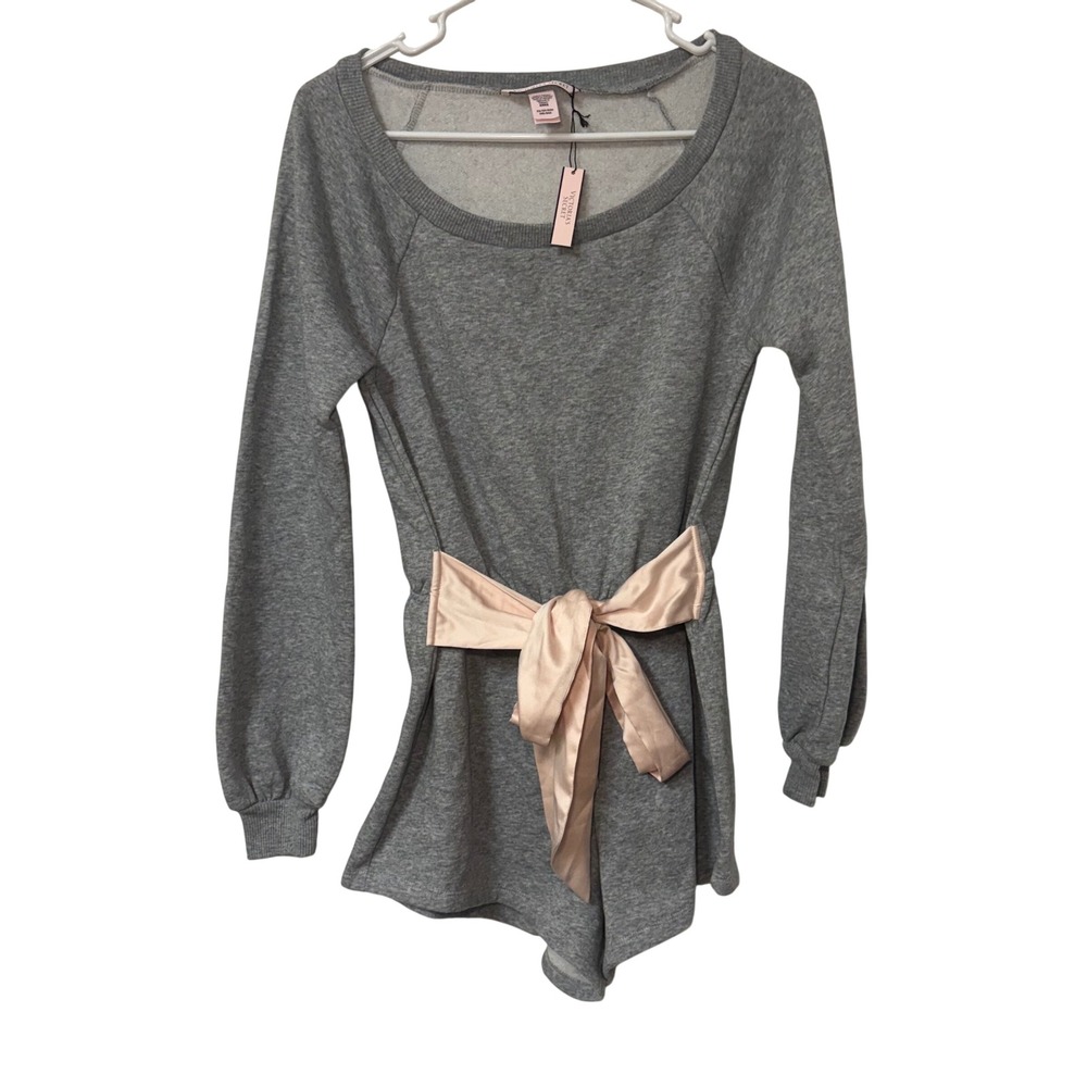 NEW Victoria's Secret Gray Romper Pink Satin Bow Sash XS Balletcore Lounge Cozy